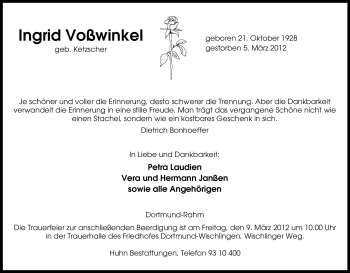 Traueranzeige von Ingrid Voßwinkel von Tageszeitung