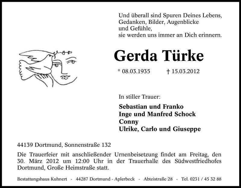  Traueranzeige für Gerda Türke vom 26.03.2012 aus Tageszeitung
