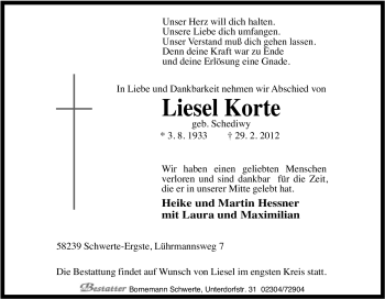 Traueranzeige von Liesel Korte von Tageszeitung