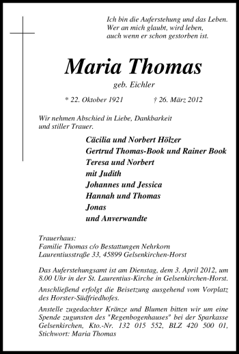 Traueranzeige von Maria Thomas von Tageszeitung