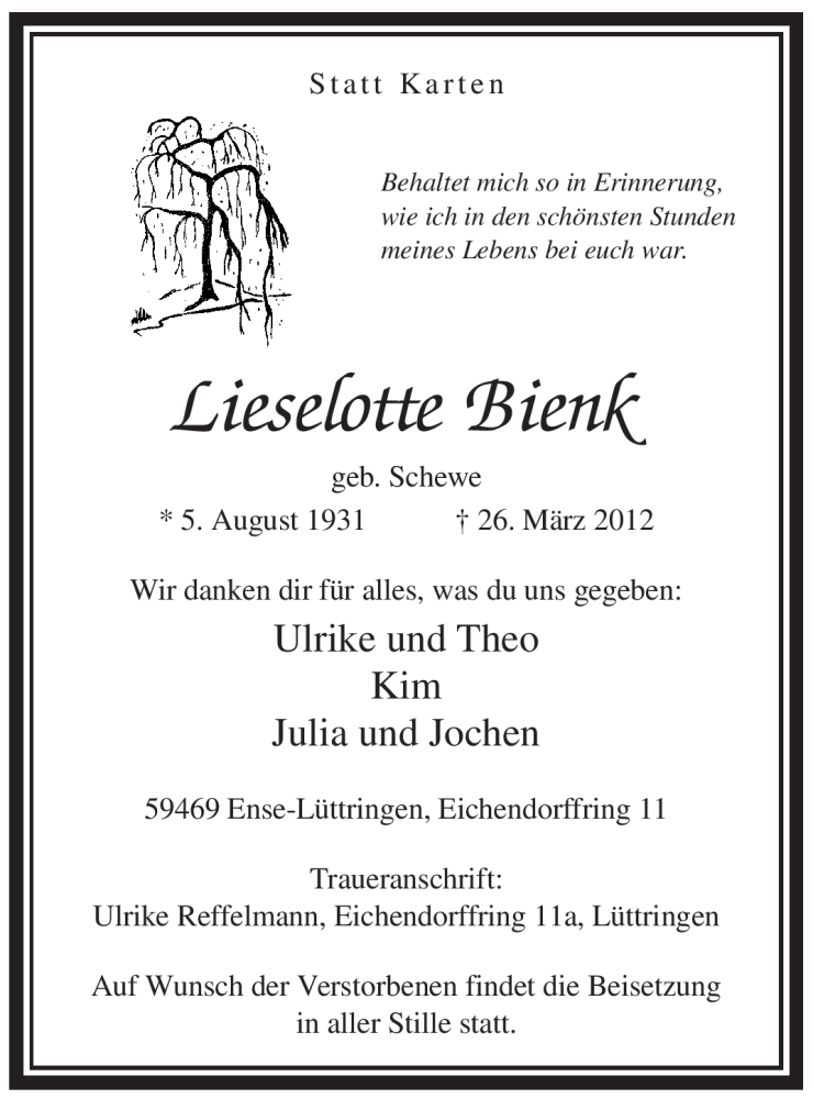  Traueranzeige für Lieselotte Bienk vom 28.03.2012 aus Tageszeitung