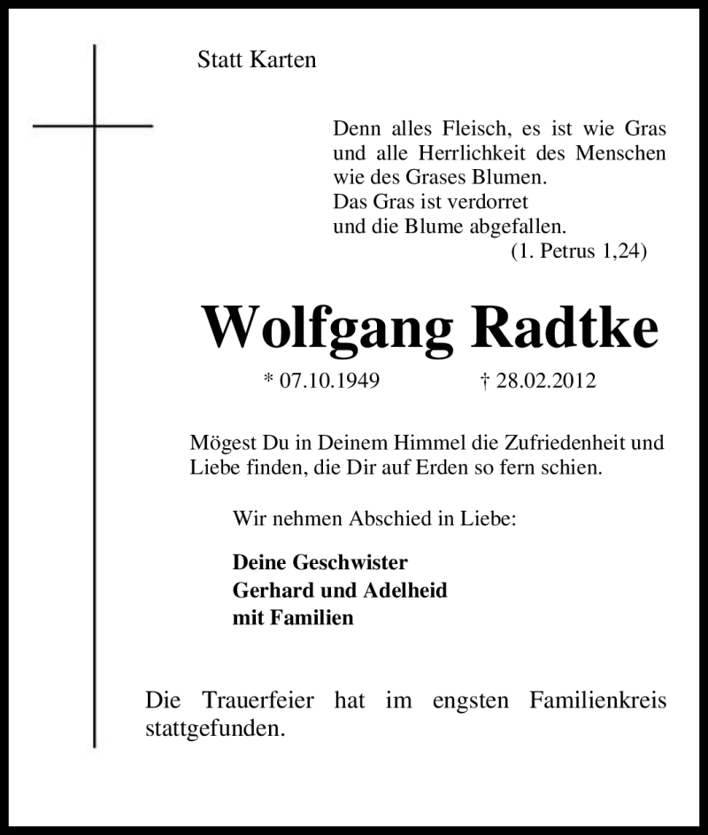 Traueranzeigen von Wolfgang Radtke TrauerinNRW.de