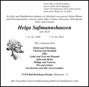 Traueranzeige von Helga Saßmannshausen von Tageszeitung