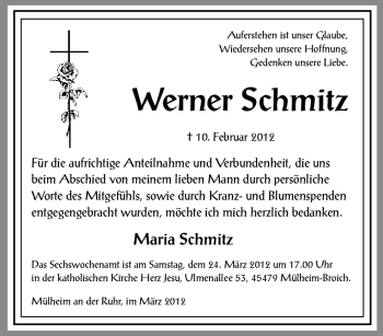 Traueranzeige von Werner Schmitz von Tageszeitung