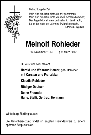 Traueranzeige von Meinolf Rohleder von Tageszeitung