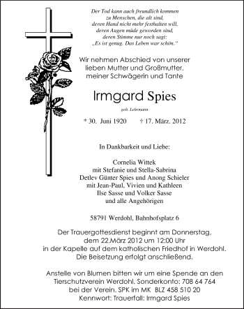 Traueranzeige von Irmgard Spies von Tageszeitung