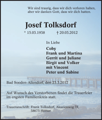 Traueranzeige von Josef Tolksdorf von Tageszeitung