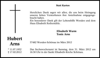 Traueranzeige von Hubert Arns von Tageszeitung