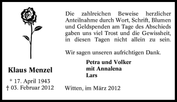 Traueranzeige von Klaus Menzel von Tageszeitung
