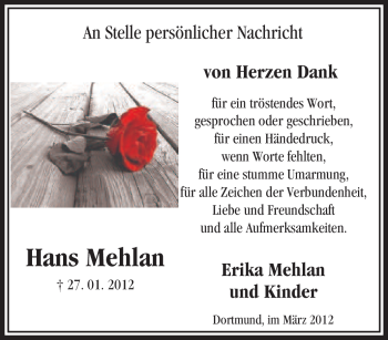 Traueranzeige von Hans Mehlan von Tageszeitung