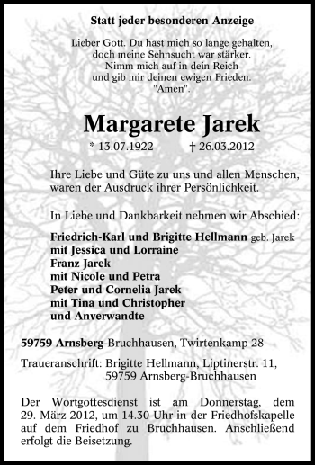 Traueranzeige von Margarete Jarek von Tageszeitung