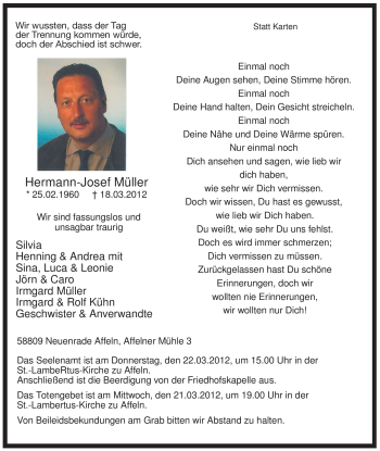 Traueranzeige von Hermann-Josef Müller von Tageszeitung