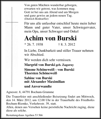 Traueranzeige von Achim Achim von von Tageszeitung