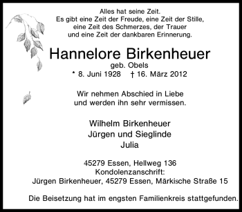 Traueranzeige von Hannelore Birkenheuer von Tageszeitung