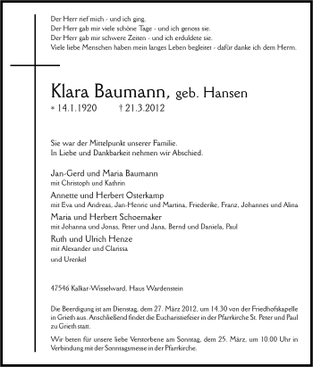 Traueranzeige von Klara Baumann von Tageszeitung