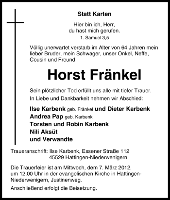 Traueranzeige von Horst Fränkel von Tageszeitung
