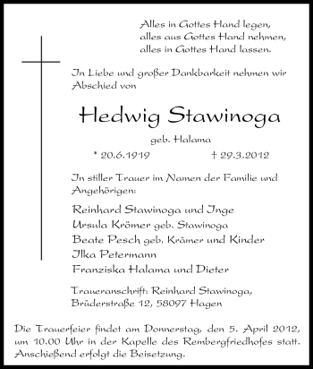 Traueranzeige von Hedwig Stawinoga von Tageszeitung