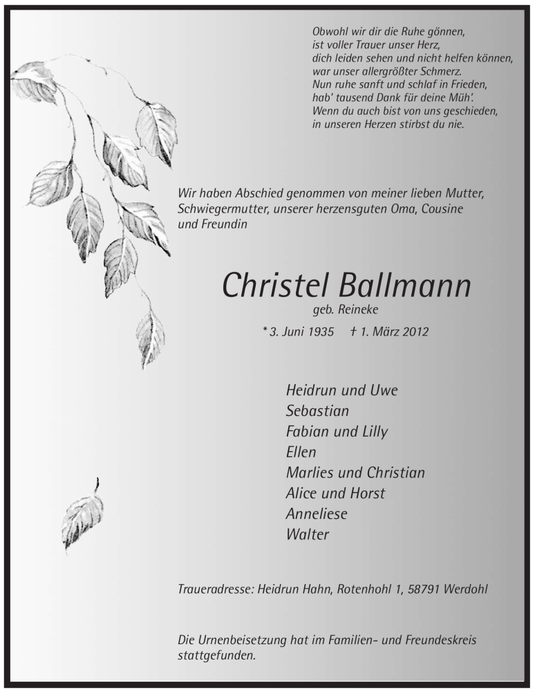 Traueranzeige für Christel Ballmann vom 09.03.2012 aus Tageszeitung