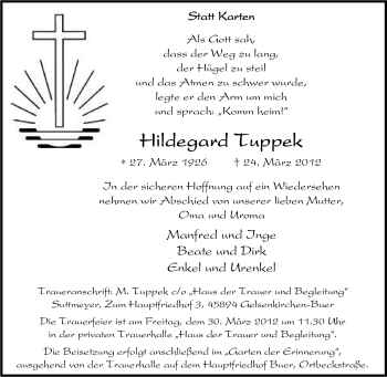 Traueranzeige von Hildegard Tuppek von Tageszeitung