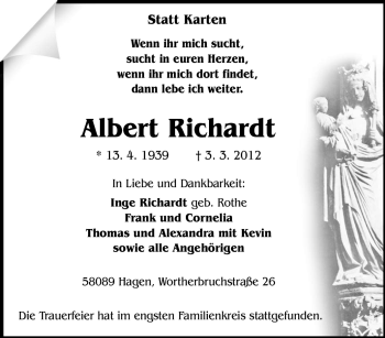 Traueranzeige von Albert Richardt von Tageszeitung