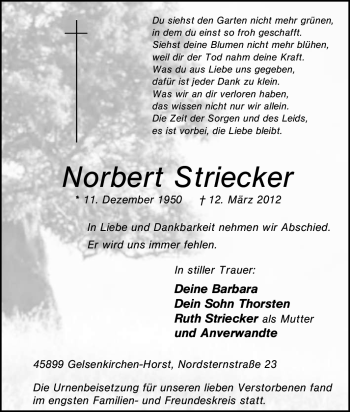 Traueranzeige von Norbert Striecker von Tageszeitung
