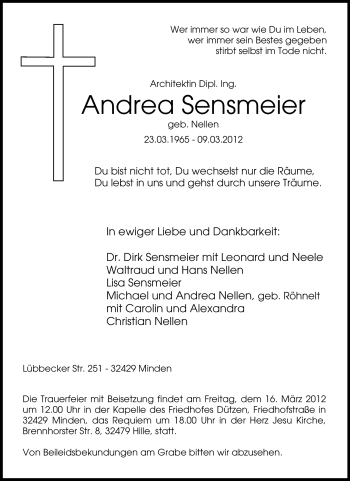 Traueranzeige von Andrea Sensmeier von Tageszeitung