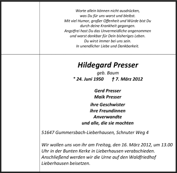 Traueranzeige von Hildegard Presser von Tageszeitung