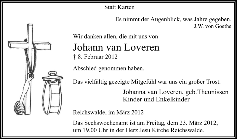  Traueranzeige für Johann van Loveren vom 19.03.2012 aus Tageszeitung