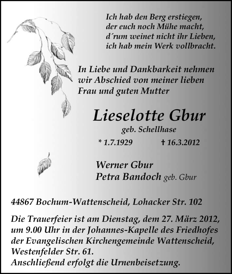  Traueranzeige für Lieselotte Gbur vom 20.03.2012 aus Tageszeitung