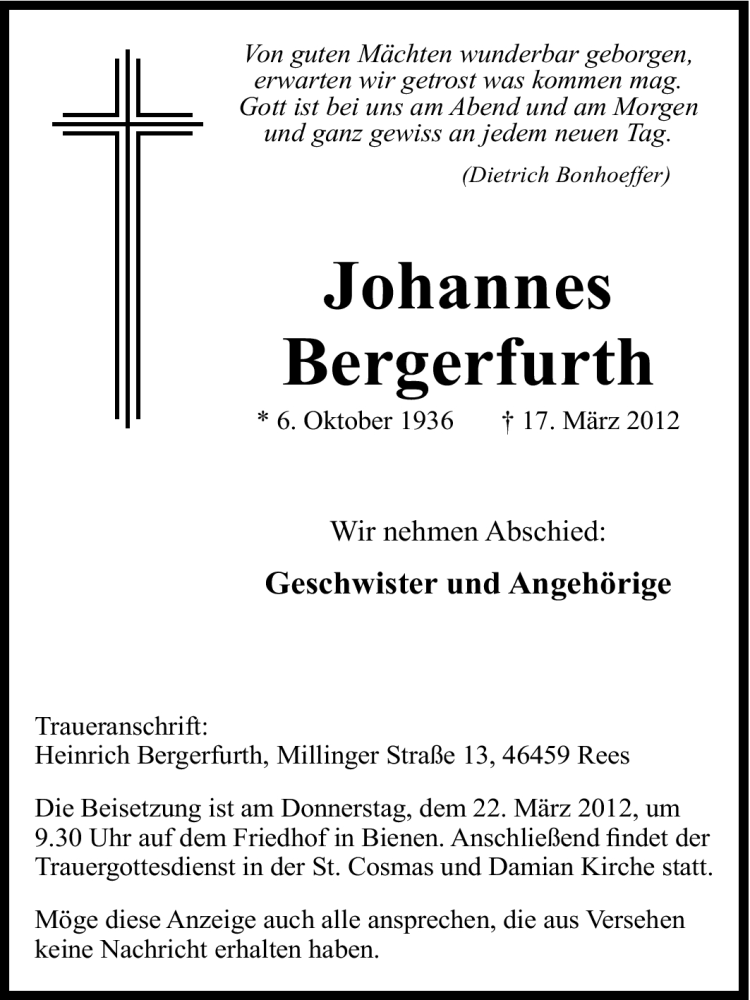  Traueranzeige für Johannes Bergerfurth vom 20.03.2012 aus Tageszeitung