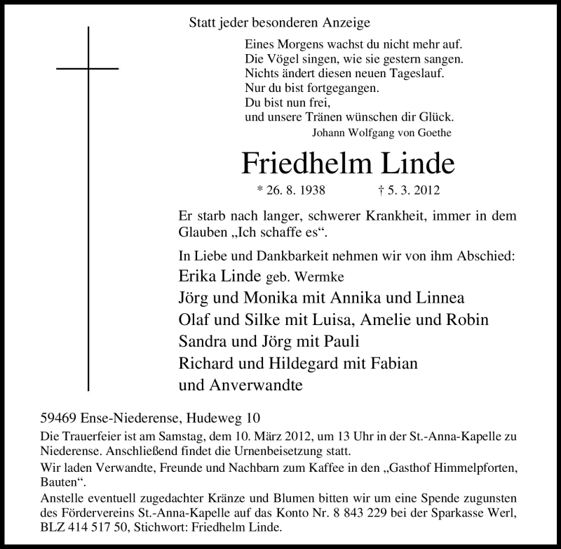  Traueranzeige für Friedhelm Linde vom 06.03.2012 aus Tageszeitung