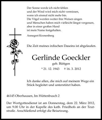 Traueranzeige von Gerlinde Goeckler von Tageszeitung