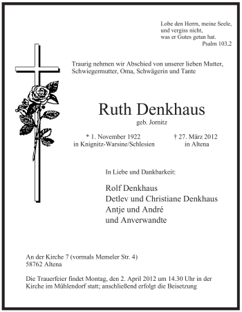 Traueranzeige von Ruth Denkhaus von Tageszeitung