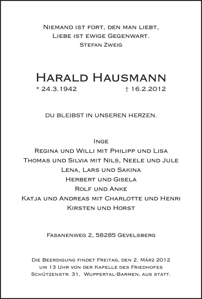  Traueranzeige für Harald Hausmann vom 01.03.2012 aus Tageszeitung
