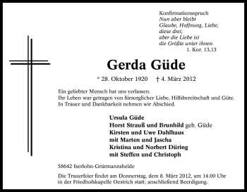 Traueranzeige von Gerda Güde von Tageszeitung