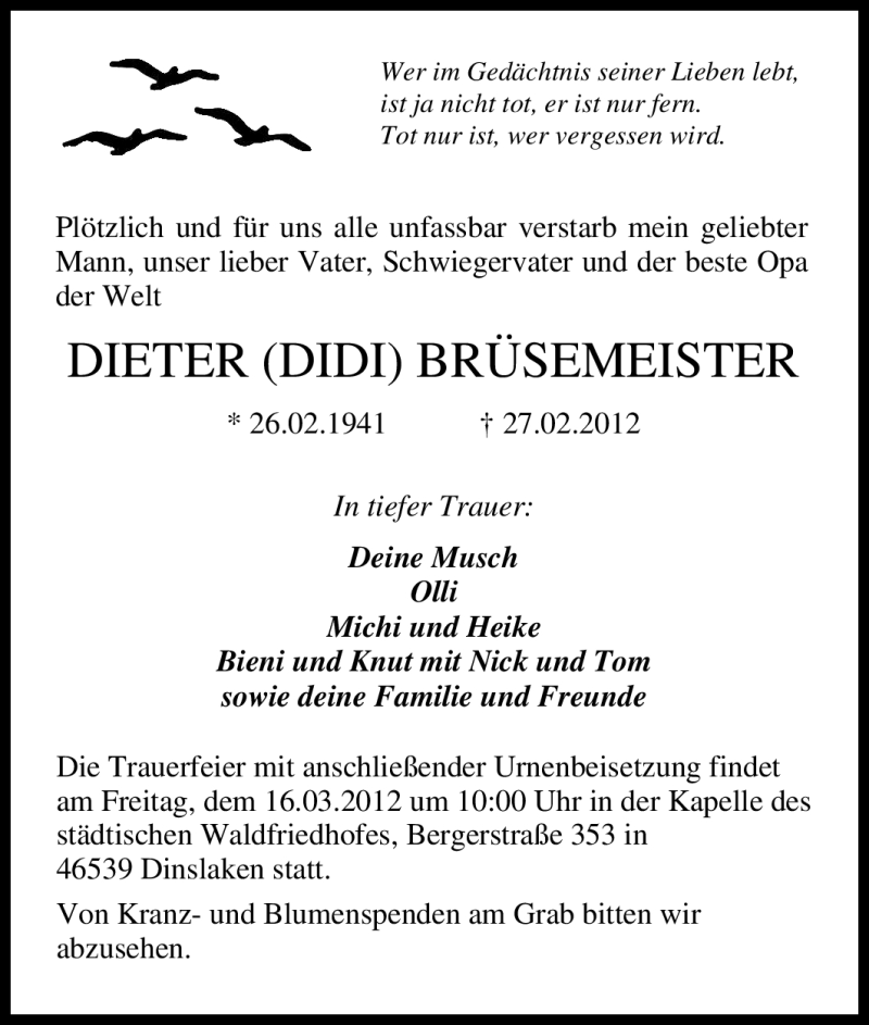  Traueranzeige für Dieter Brüsemeister vom 10.03.2012 aus Tageszeitung