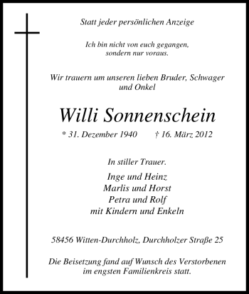 Traueranzeige von Willi Sonnenschein von Tageszeitung
