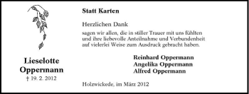 Traueranzeige von Lieselotte Oppermann von Tageszeitung