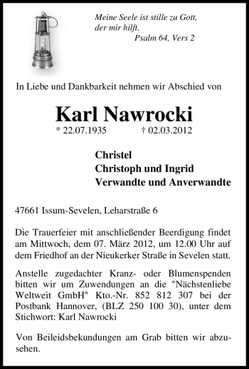 Traueranzeige von Karl Nawrocki von Tageszeitung