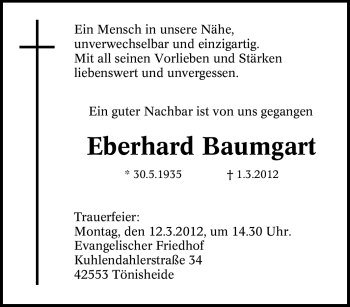 Traueranzeige von Eberhard Baumgart von Tageszeitung