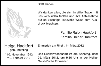 Traueranzeige von Helga Hackfort von Tageszeitung