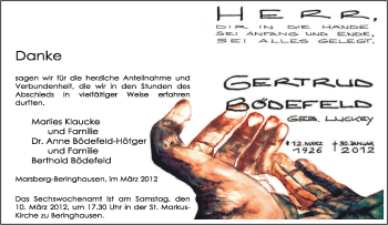 Traueranzeige von Gertrud Bödefeld von Tageszeitung