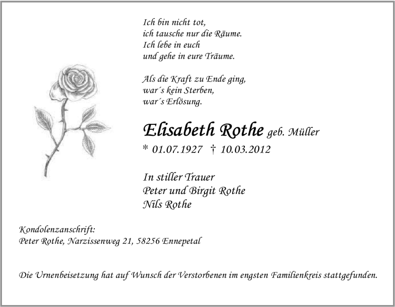  Traueranzeige für Elisabeth Rothe vom 23.03.2012 aus Tageszeitung