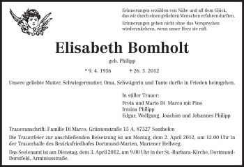 Traueranzeige von Elisabeth Bomholt von Tageszeitung