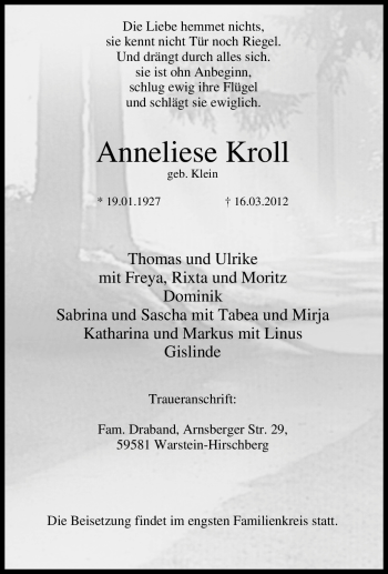 Traueranzeige von Anneliese Kroll von Tageszeitung
