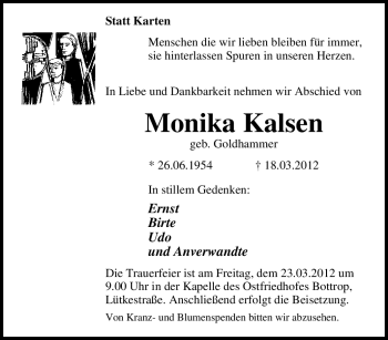 Traueranzeige von Monika Kalsen von Tageszeitung