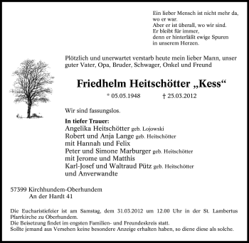 Traueranzeige von Friedhelm Heitschötter von Tageszeitung