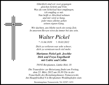Traueranzeige von Walter Pickel von Tageszeitung