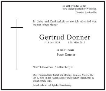 Traueranzeige von Gertrud Donner von Tageszeitung