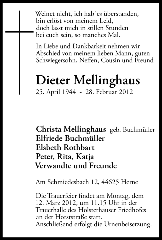  Traueranzeige für Dieter Mellinghaus vom 07.03.2012 aus Tageszeitung